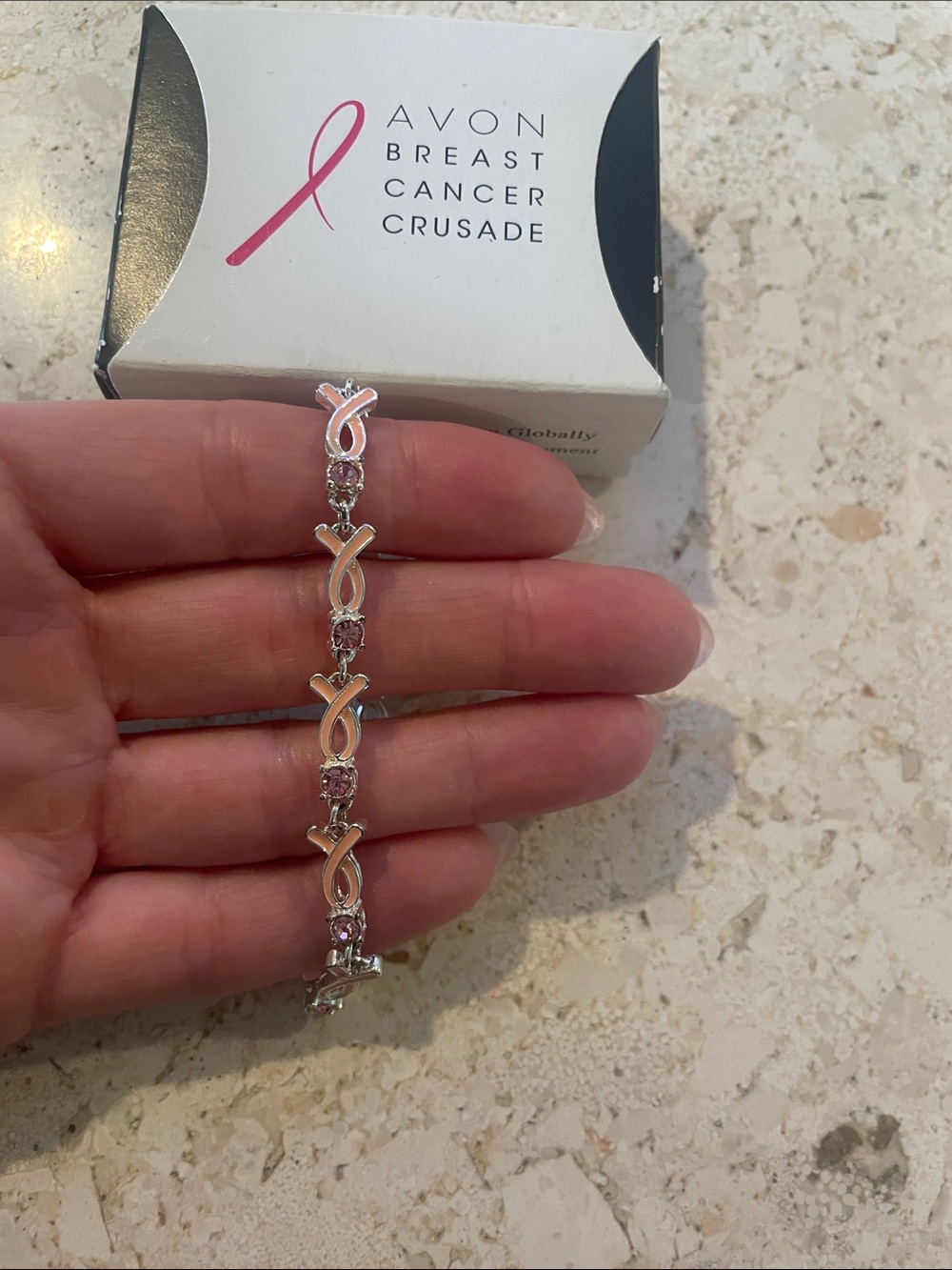 Avon Silver-Tone Pink Accent Ribbon Link Bracelet